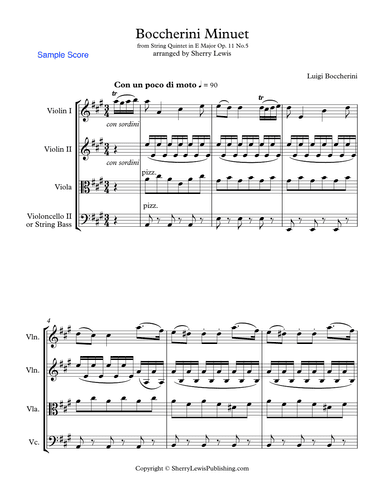 BOCCHERINI MINUET - (Minuet Op. 11 No. 5) String Quartet, Intermediate Level for 2 violins, viola an (arr. Sherry Lewis)