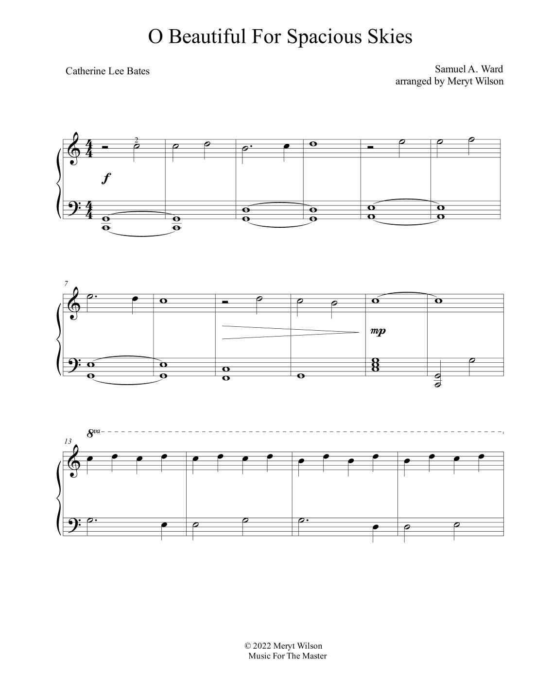 O Beautiful For Spacious Skies elementary piano solo (arr. Meryt Wilson)