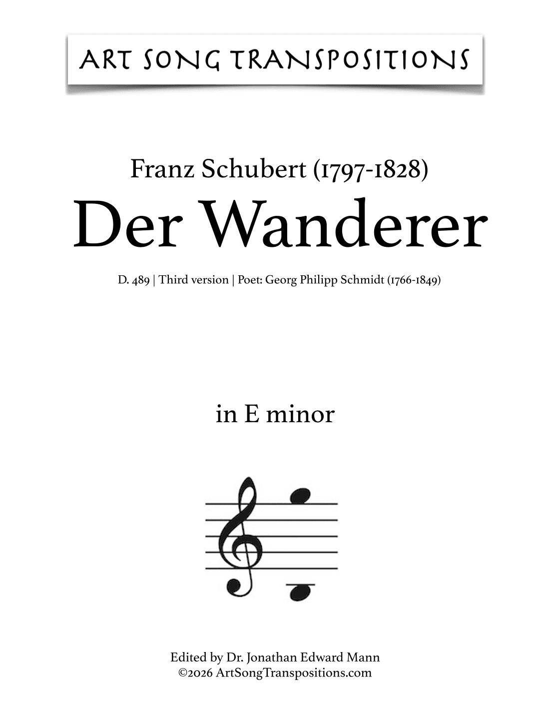 SCHUBERT: Der Wanderer, D. 493 (transposed to E-flat minor) (arr. ArtSongTranspositions.com)