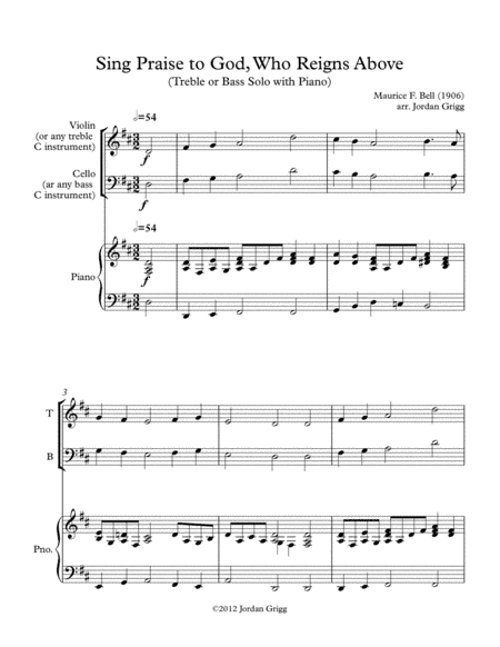 Sing Praise to God, Who Reigns Above (Treble or Bass Solo with Piano) (arr. Jordan Grigg)