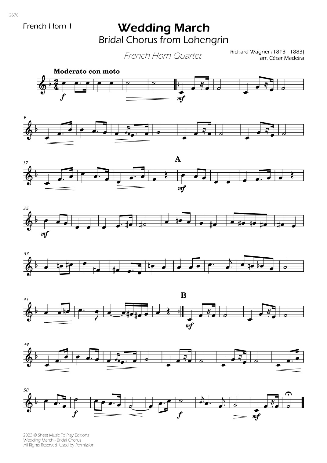 Wedding March (Bridal Chorus) - French Horn Quartet (Individual Parts) (arr. César Madeira)