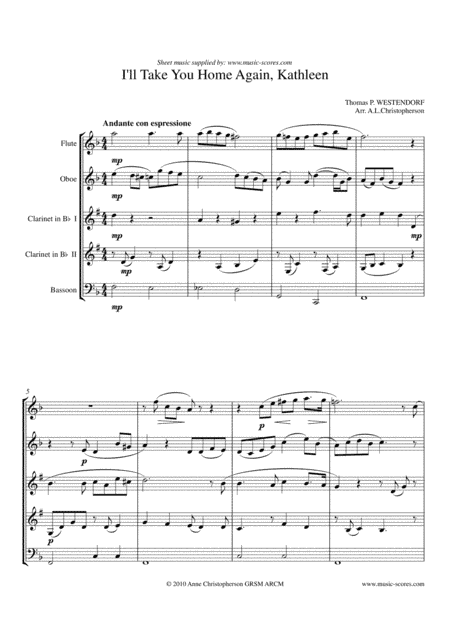 I Will Take You Home Kathleen - Flute, Oboe, 2 Clarinets and Bassoon (arr. Anne Christopherson GRSM ARCM)