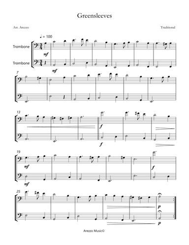 greensleeves sheet music for trombone duo Celtic traditional (arr. Arezzo Music)