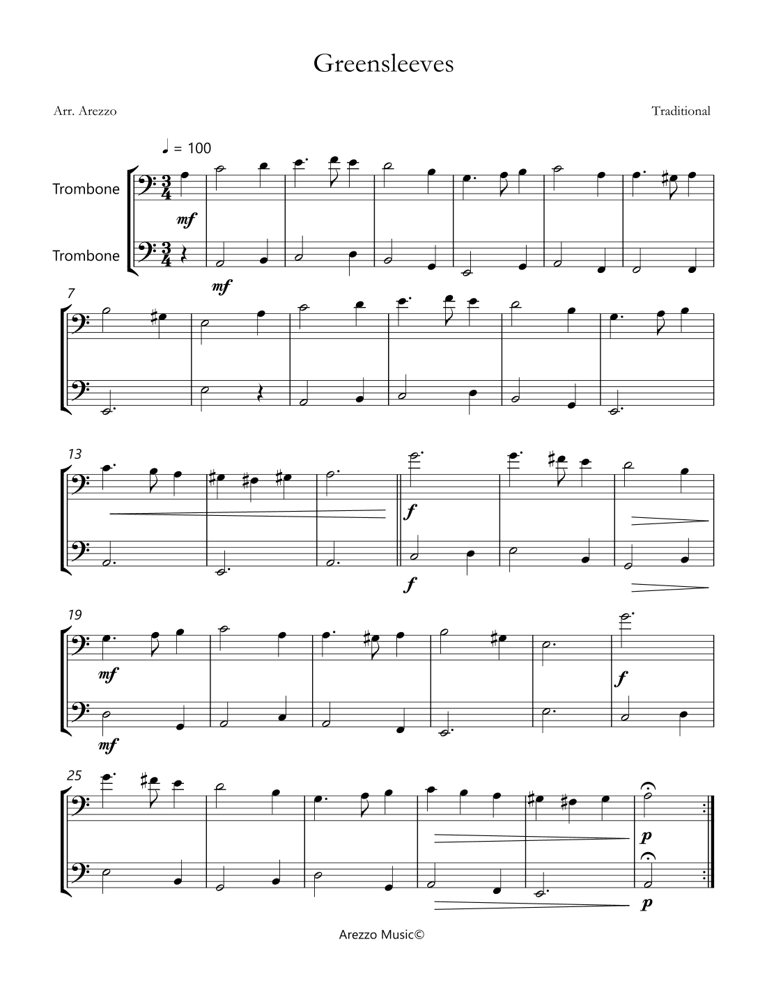 greensleeves sheet music for trombone duo Celtic traditional (arr. Arezzo Music)