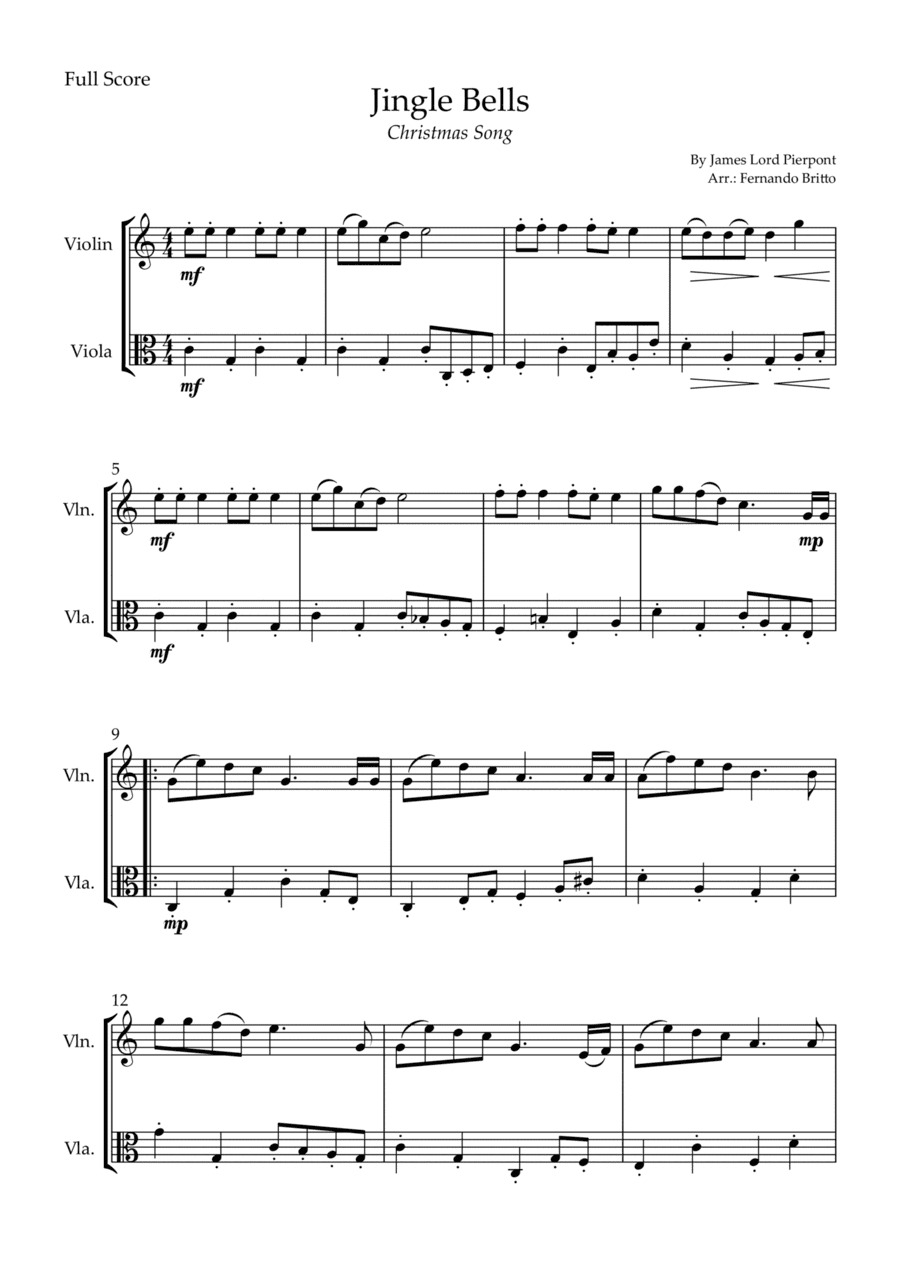 Jingle Bells (Christmas Song) for Violin & Viola Duo (arr. Fernando Britto)