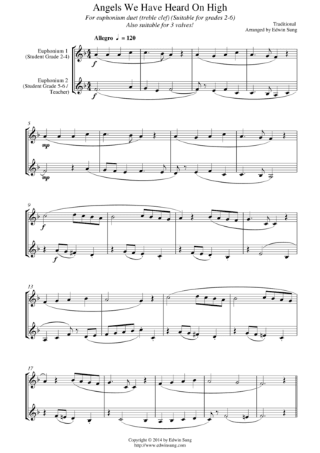 Angels We Have Heard On High (for euphonium duet (Bb treble, 3 or 4 valved), suitable for grades 2-6 (arr. Edwin Sung)