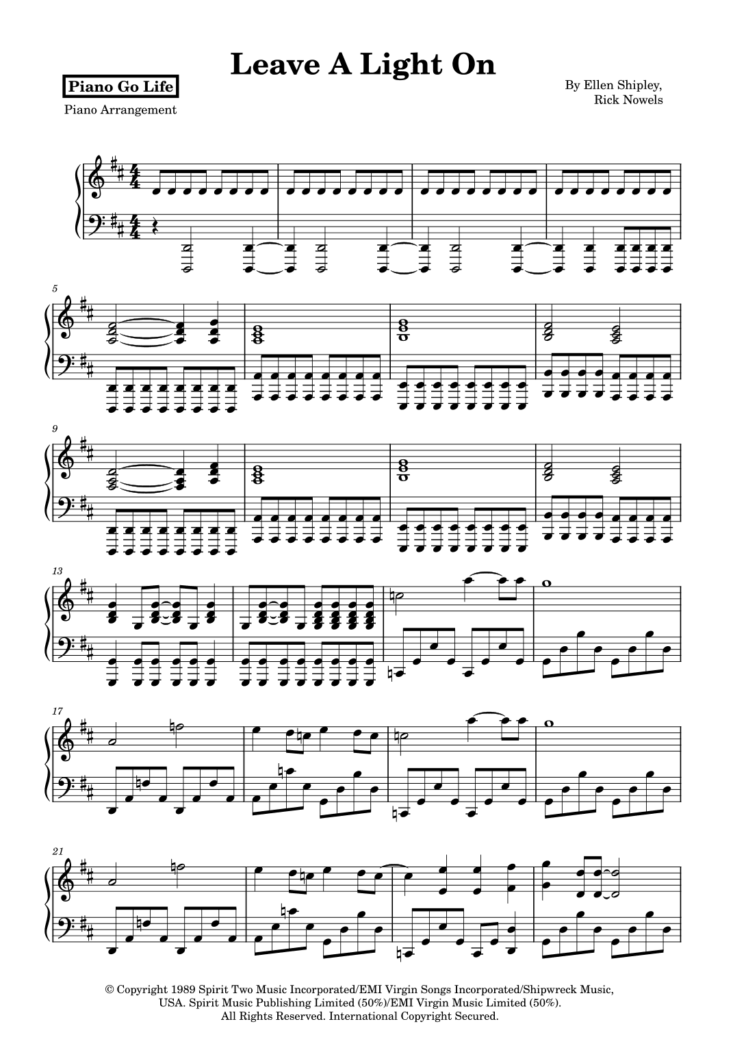 Leave A Light On (arr. Piano Go Life)