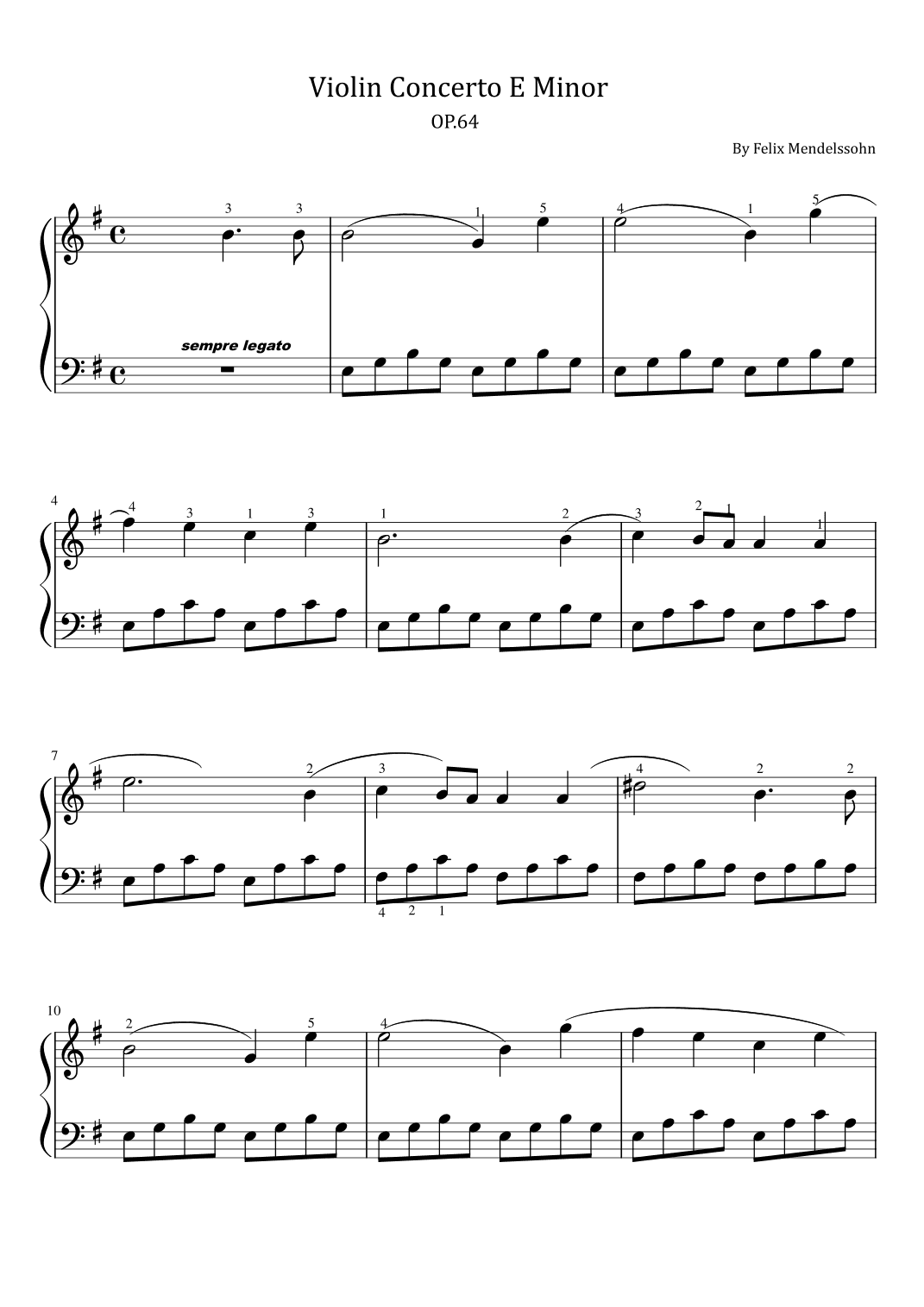Mendelssohn - Violin Concerto in E minor Op.64 - For Easy Piano With Fingered (arr. poon)