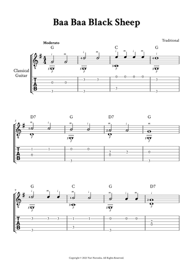 Baa Baa Black Sheep - Fingerstyle Guitar (with TAB, Chords and Fingering) (arr. Yuri Noronha)
