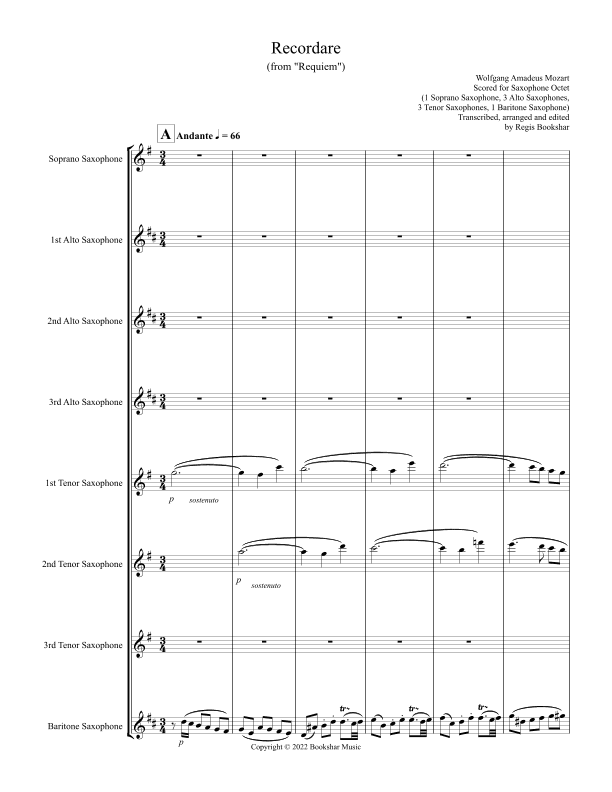 Recordare (from "Requiem") (F) (Saxophone Octet - 1 Sop, 3 Alto, 3 Ten, 1 Bari) (arr. Regis Bookshar)