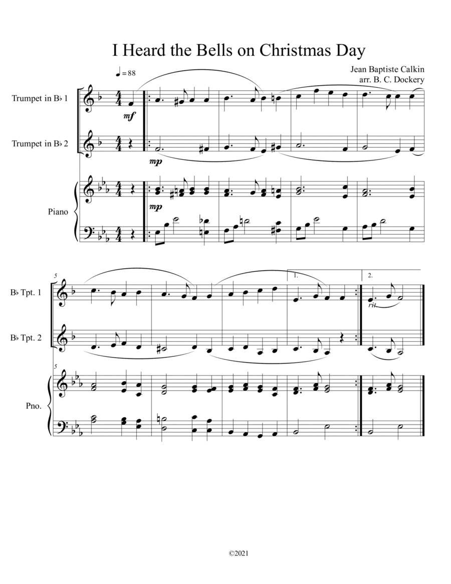 I Heard the Bells on Christmas Day (Trumpet Duet) with optional piano accompaniment (arr. B. C. Dockery)