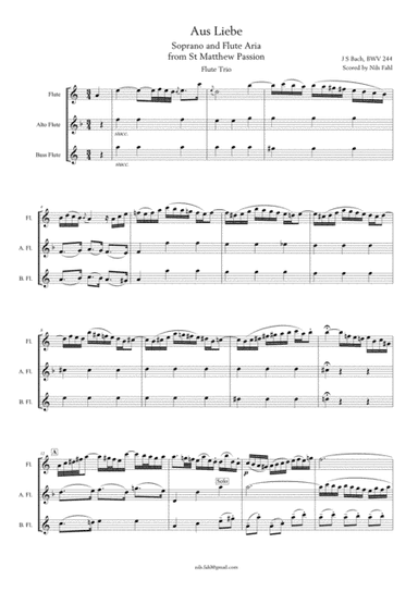 J S Bach Aus Liebe from St Matthew Passion, BWV 244. Flute trio (Flute, Alto Flute and Bass Flute) (arr. Nils Fahl)