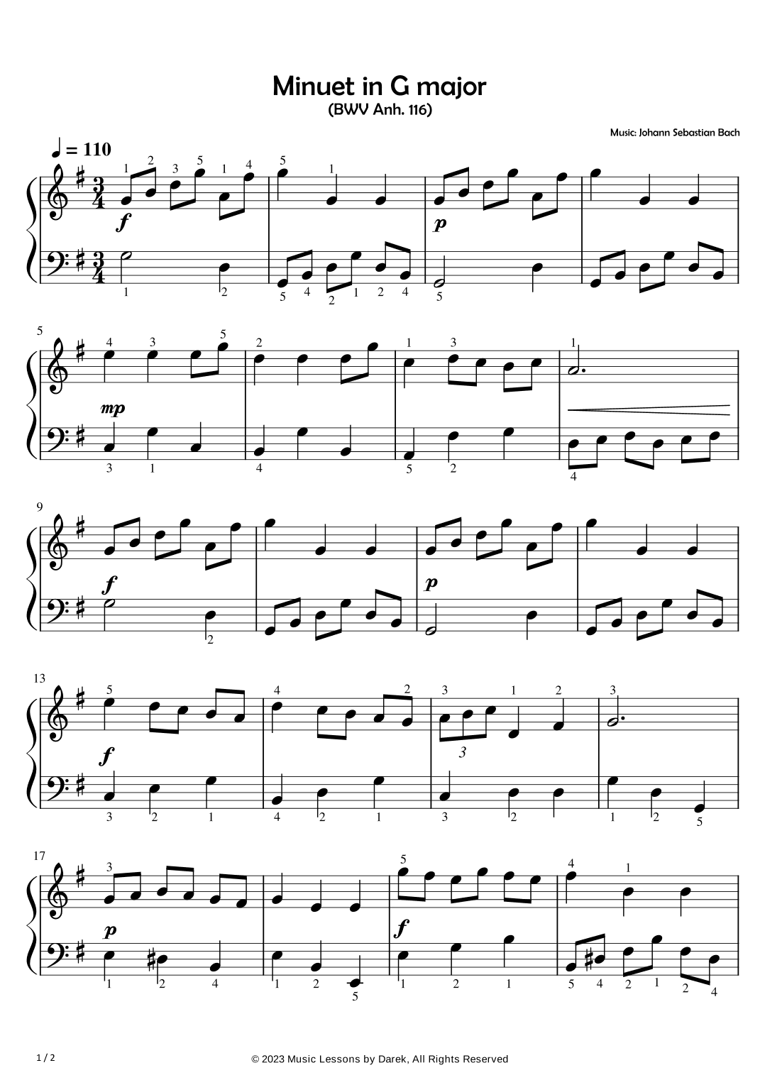 Minuet in G major (EASY PIANO) (BWV Anh. 116) [Johann Sebastian Bach] (arr. Darek)