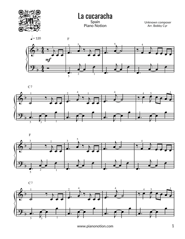 La cucaracha (piano fácil) (arr. Piano Notion)