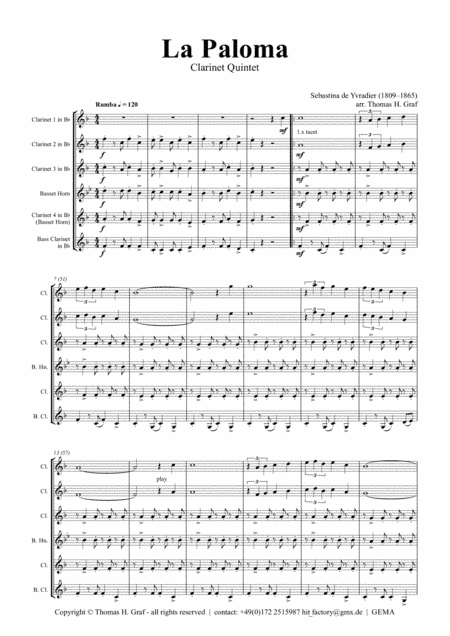 La Paloma - Spanish Habanera - Clarinet Quintet (arr. Thomas H. Graf)