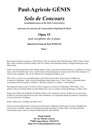 Paul-Agricole Génin: Solo de Concours, Opus 15 for alto saxophone and piano, edited by Paul Wehage (arr. Paul Wehaeg)