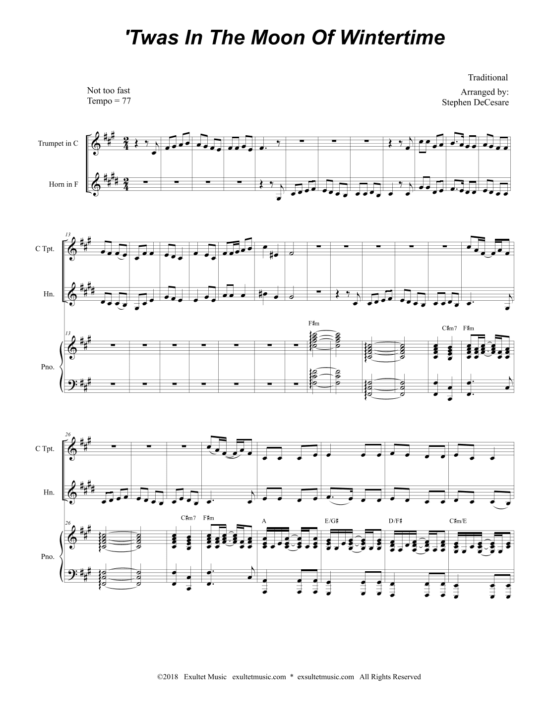 'Twas In The Moon Of Wintertime (Duet for C-Trumpet and French Horn) (arr. Stephen DeCesare)