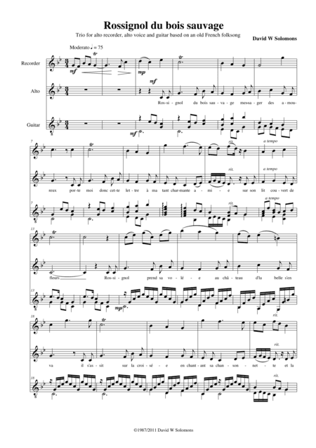 Rossignol du bois sauvage for alto voice, alto recorder and guitar (arr. David Warin Solomons)