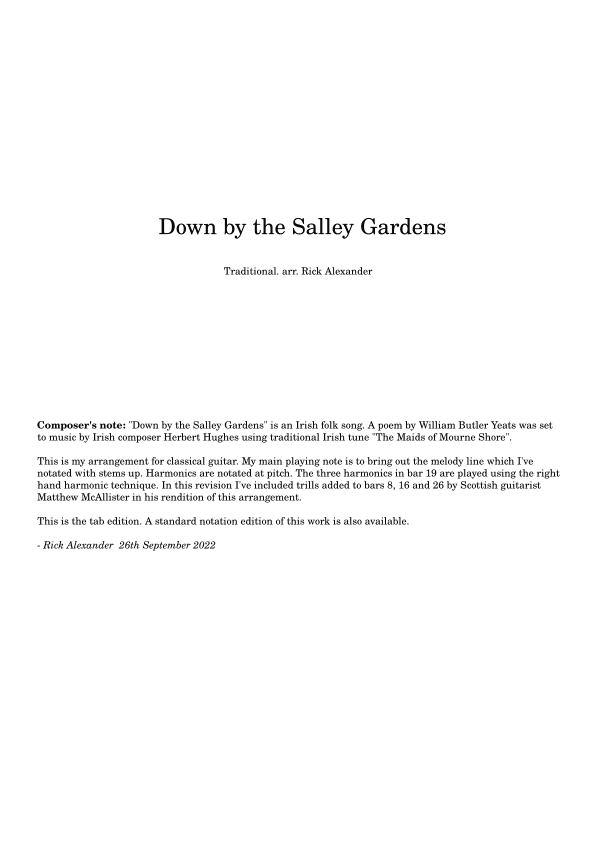 Down by the Salley Gardens (for solo guitar) (TAB) (arr. Rick Alexander)