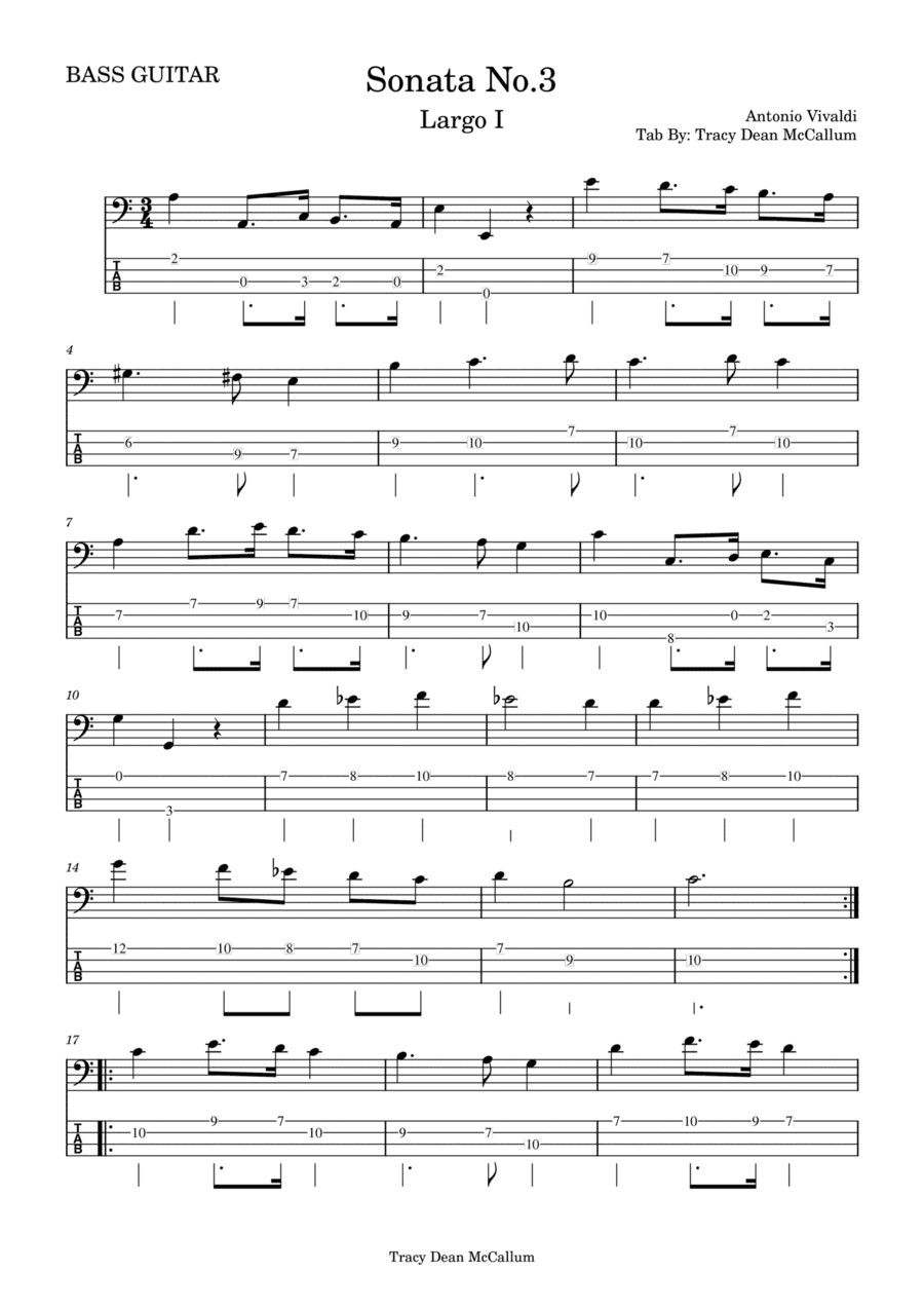 Antonio Vivaldi Cello Sonata No. 3 Largo I For Bass Guitar With Tab. (arr. Tracy Dean McCallum)