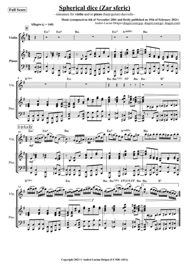 Spherical dice (Zar sferic) - miniature for violin and/or piano (harp/guitar) duo/solo