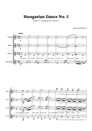 Hungarian Dance No. 5 by Brahms for Flute Ensemble with Chords (arr. Rika K.)