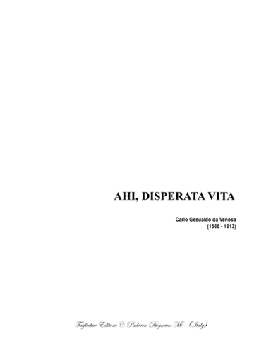 AHI, DISPERATA VITA - Gesualdo da Venosa - For SAATB Choir