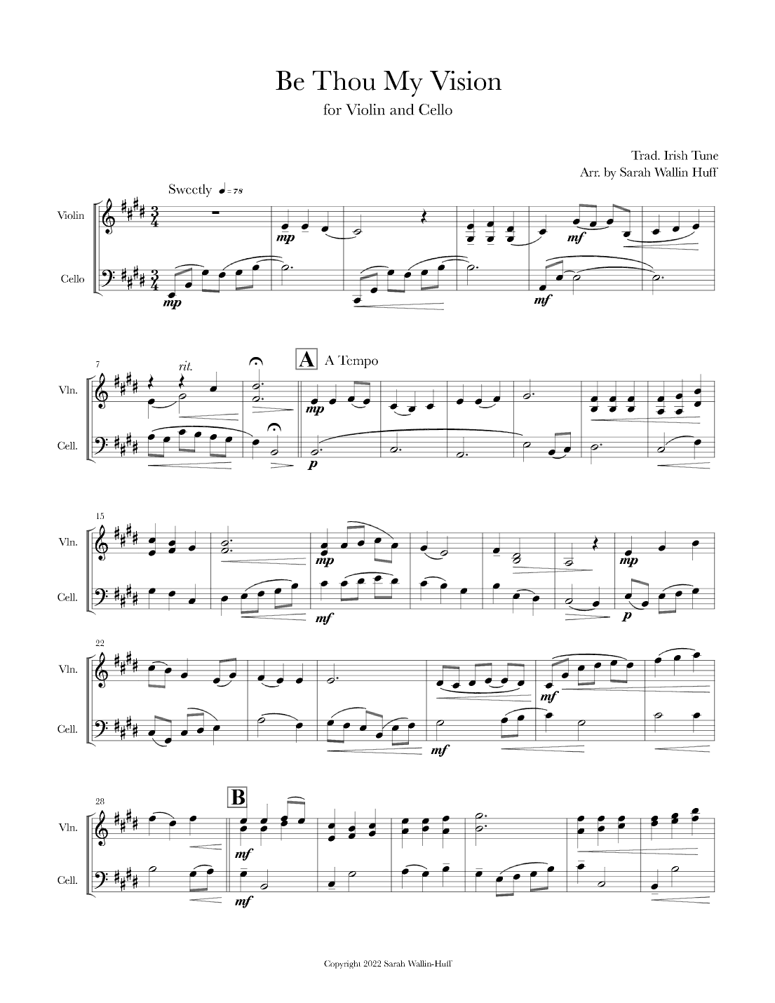 Be Thou My Vision (for violin and cello) (arr. Sarah Wallin Huff)