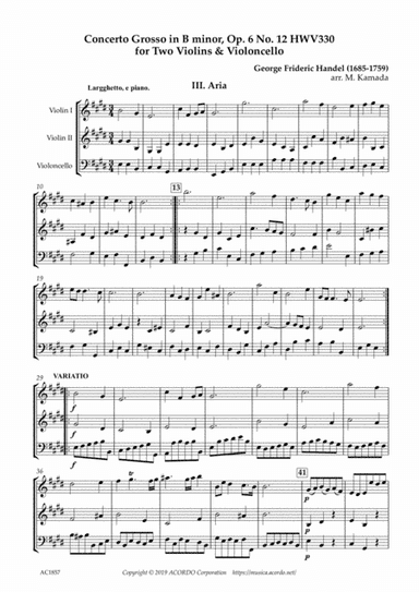 Aria from Concerto Grosso, Op.6-12 HWV330 for Two Violins & Violoncello (arr. Kamada, Mikio)