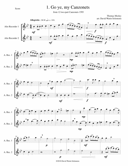 12 easy Canzonets for alto recorder duo (arr. David Warin Solomons)