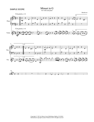 MINUET IN G by Beethoven for VIOLIN AND PIANO Easy Level (arr. Sherry Lewis)