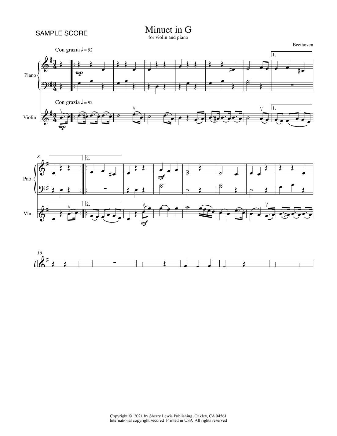 MINUET IN G by Beethoven for VIOLIN AND PIANO Easy Level (arr. Sherry Lewis)