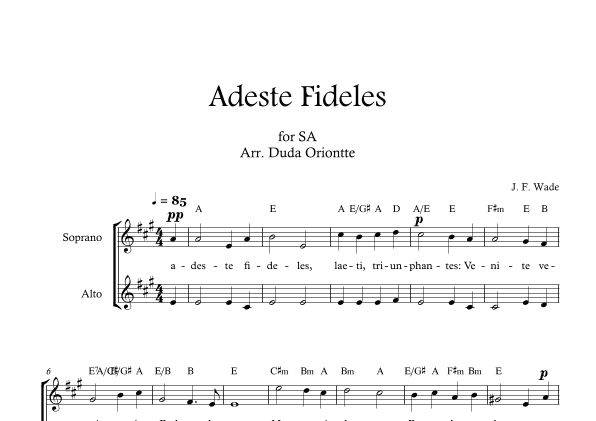 Adeste Fideles (SA - A major - 2 staffs - no piano - with chords) O Come All Ye Faiful (arr. Duda Oriontte)