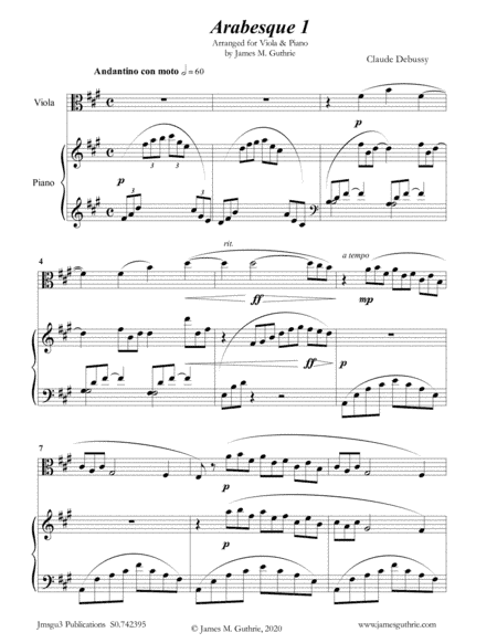 Debussy: Arabesque 1 for Viola & Piano (arr. James Guthrie, ASCAP)