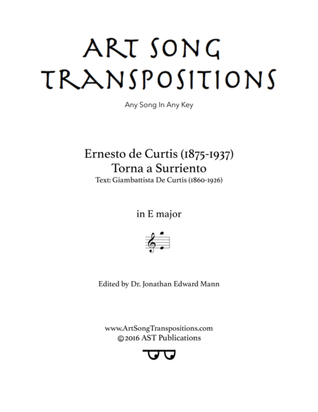 DE CURTIS: Torna a Surriento (transposed to E major) (arr. ArtSongTranspositions.com)