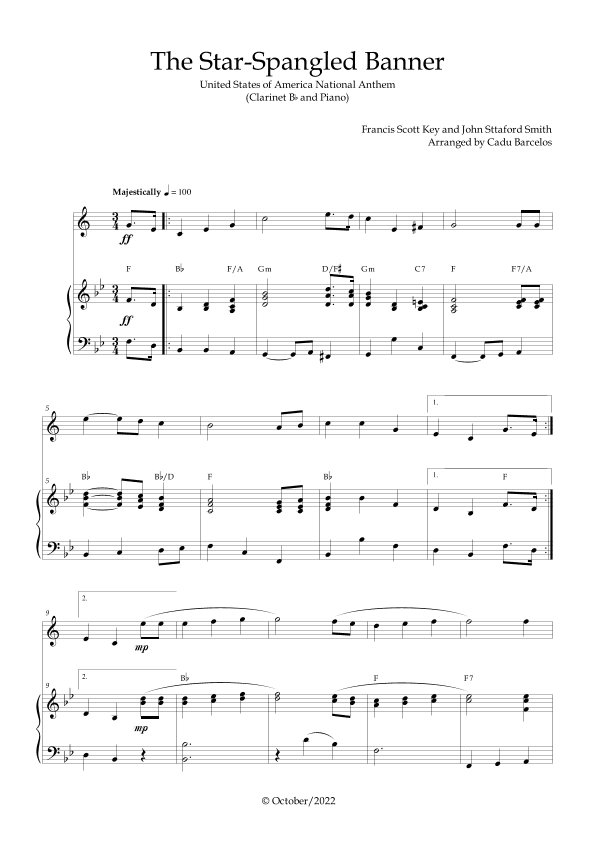 The Star-Spangled Banner - EUA Hymn (Clarinet Bb and Piano) Chords (arr. Cadu Barcelos)