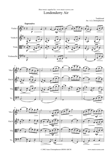 Londonderry Air - String Quartet (arr. Anne L Christopherson GRSM ARCM)