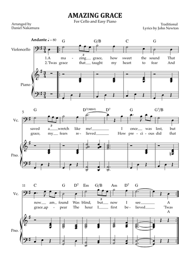 Amazing Grace (for cello with easy piano) (arr. Daniel Nakamura)