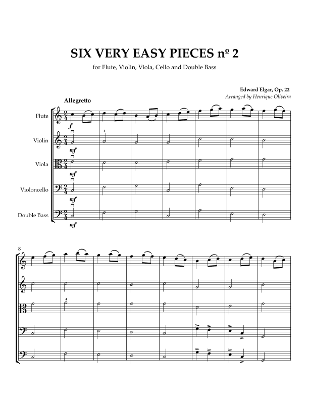 Six Very Easy Pieces nº 2 (Allegretto) - for Flute, Violin, Viola, Cello and Double Bass (arr. Henrique Oliveira)