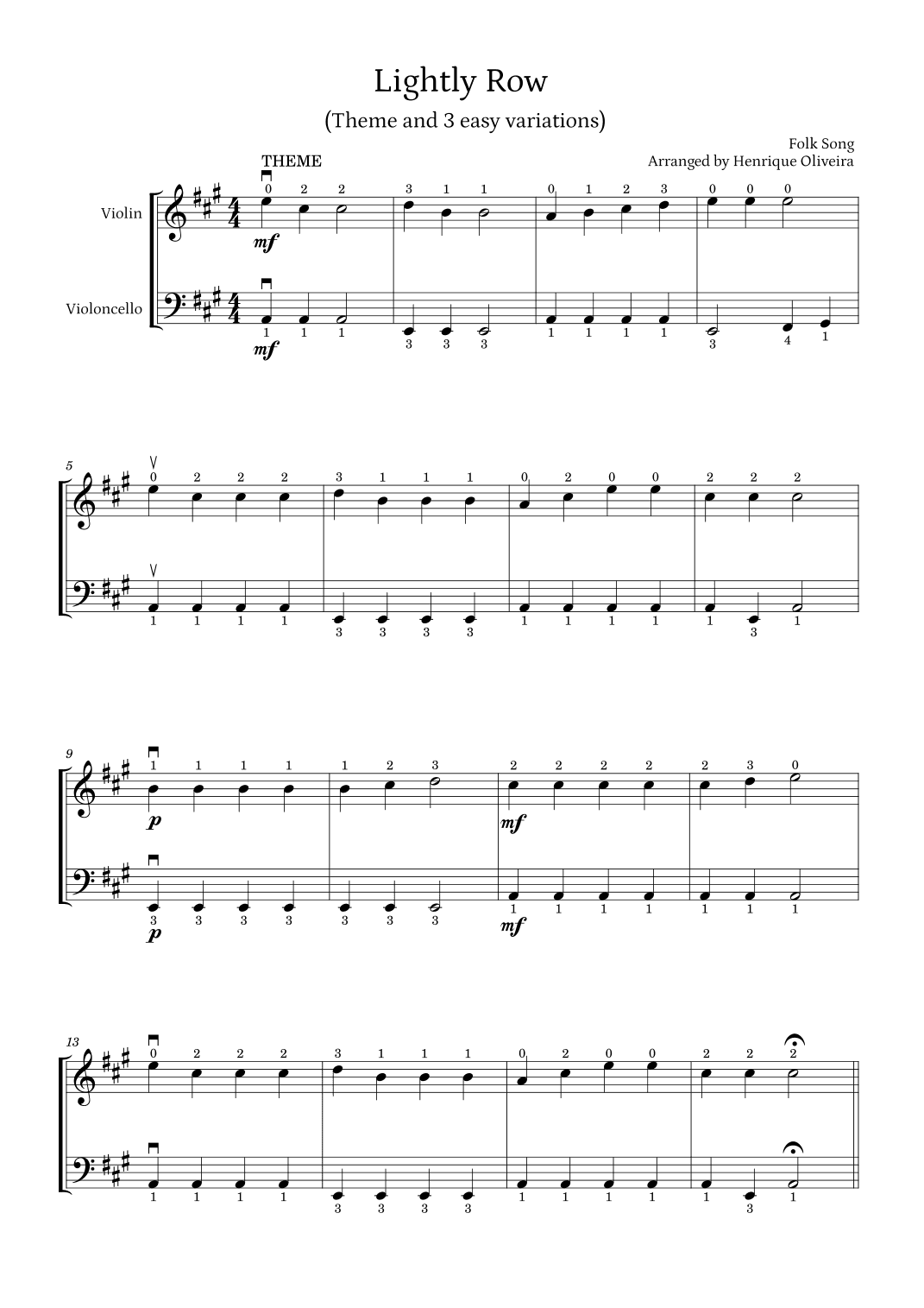Lightly Row (Theme with 3 Easy Variations) - For Violin and Cello (arr. Henrique Oliveira)