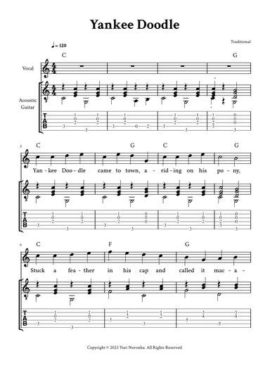 Yankee Doodle - Lead Sheet with Guitar TAB (C Major - Traditional) (arr. Yuri Noronha)
