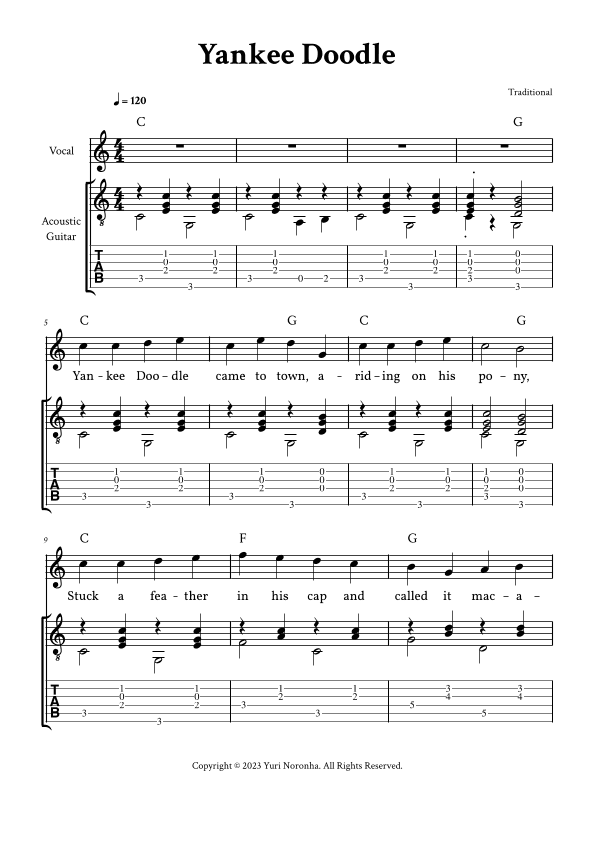 Yankee Doodle - Lead Sheet with Guitar TAB (C Major - Traditional) (arr. Yuri Noronha)