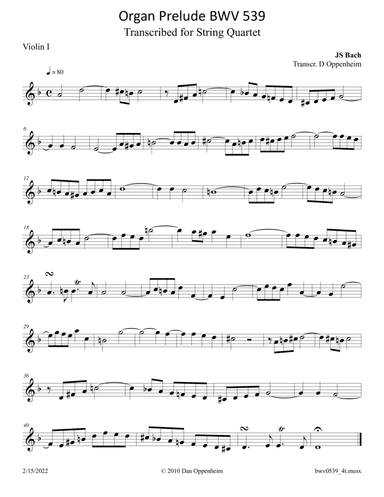 Bach: BWV 539-1 Prelude in D Minor ("Fiddle" Prelude) arr. for String Quartet (arr. D Oppenheim)