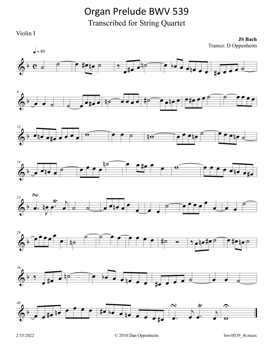 Bach: BWV 539-1 Prelude in D Minor ("Fiddle" Prelude) arr. for String Quartet (arr. D Oppenheim)