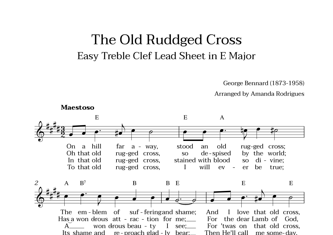 The Old Rugged Cross in E Major - Easy Treble Clef Lead Sheet (arr. Amanda Cerqueira Rodrigues)
