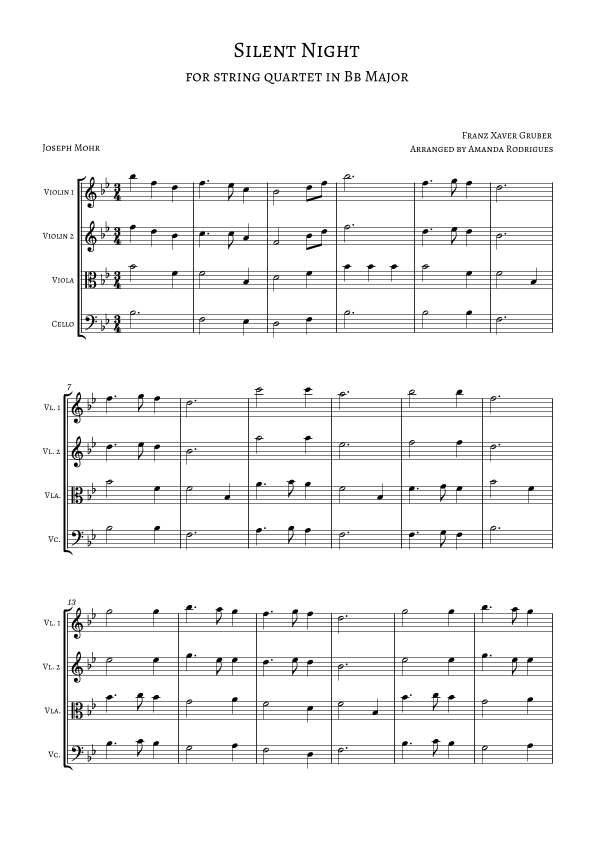 Silent Night for String Quartet in Bb Major (arr. Amanda Rodrigues)