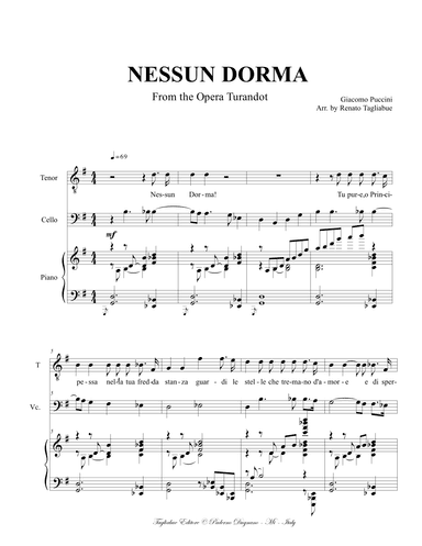 NESSUN DORMA (From Turandot) - Puccini - Arr. for Tenor, Piano and (ad libitum) Cello - Score Only (arr. Renato Tagliabue)