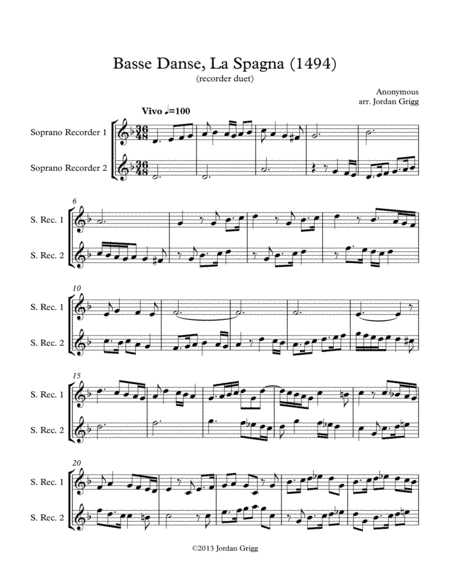 Basse Danse, La Spagna (1494) (recorder duet) (arr. Jordan Grigg)