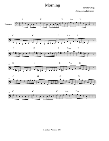 Morning by Edvard Grieg for Bassoon with Chords (arr. Andrew Pattinson)