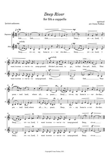 Deep river, easy duet for solo voices  SA or 2 – part choir a cappella (arr. Ivana Tuskan)